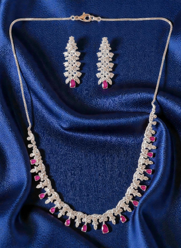 925 Starling Silver Italian Design Necklace Set with Zircon White & Red Stones | Adjustable Size | Model – srj_amb_1570-5