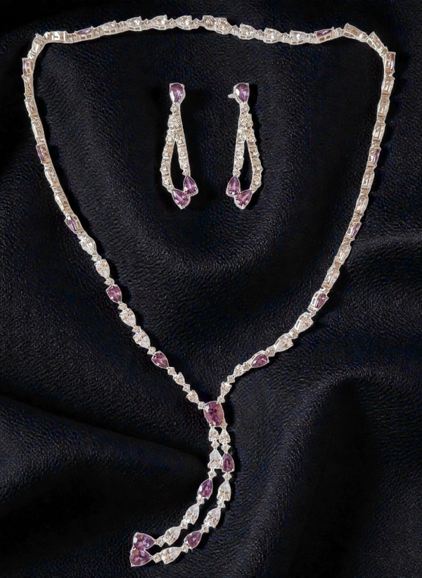 925 Starling Silver Italian Design Necklace Set with Zircon White & Purple Stones | Adjustable Size | Model – srj_amb_1570-6
