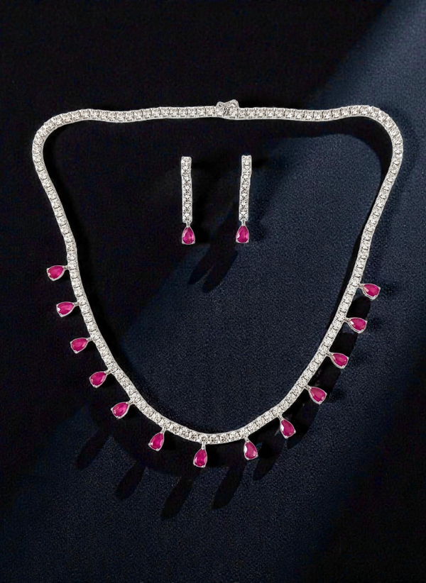 925 Starling Silver Italian Design Necklace Set with Zircon White & Red Stones | Adjustable Size | Model – srj_amb_1570-4