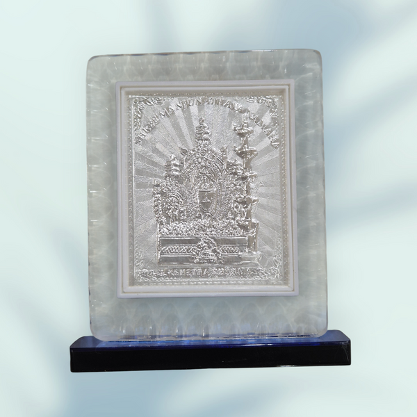 Shri Dharmasthala Manjunatha Swamy 999 Silver Photo Acrylic Stand – Diamond Cut Blue Shade