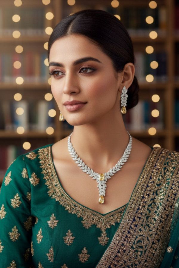 925 SterlingSilver Italian Design Necklace Set with American Diamond Stones | Adjustable Size | Model – srj_amb_1570-1