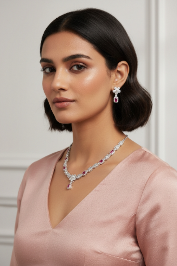 925 Pure Silver Italian Design Necklace Set with Zircons Stones | Adjustable Size | Model – srj_amb_1570-2