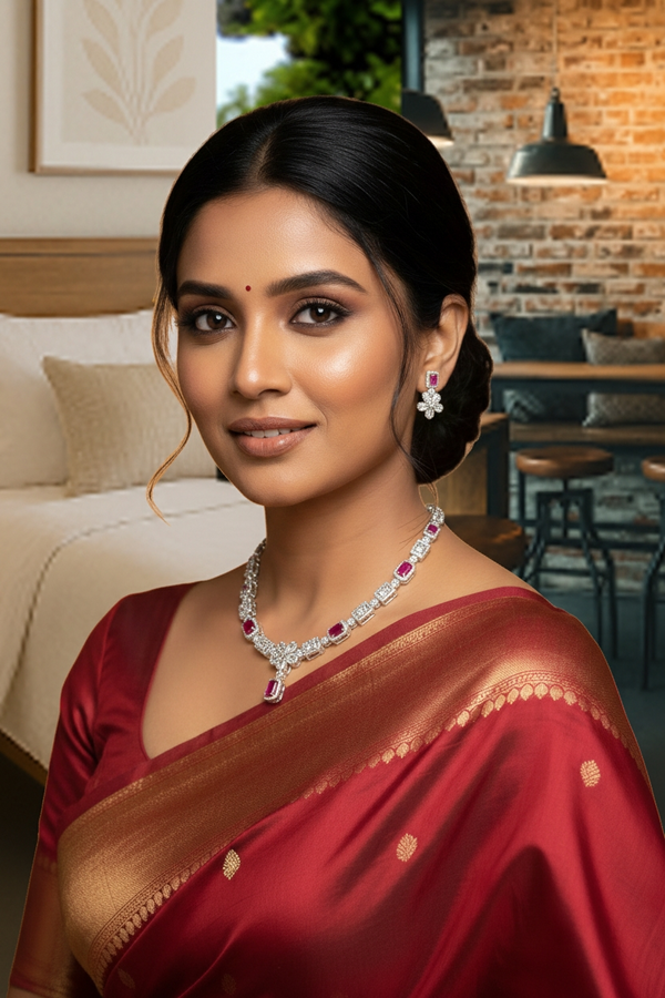 925 Pure Silver Italian Design Necklace Set with Zircons Stones | Adjustable Size | Model – srj_amb_1570-2