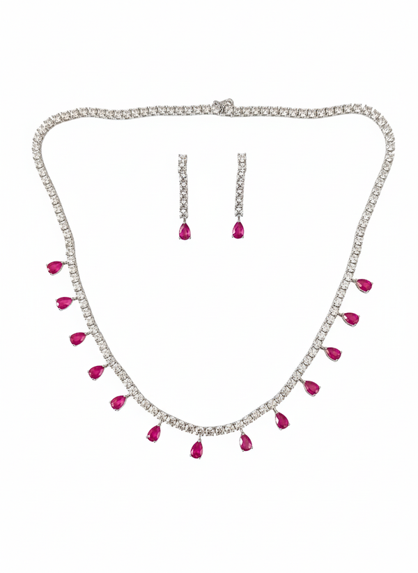 925 Starling Silver Italian Design Necklace Set with Zircon White & Red Stones | Adjustable Size | Model – srj_amb_1570-4