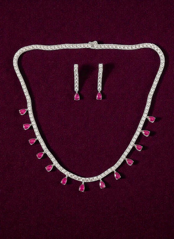 925 Starling Silver Italian Design Necklace Set with Zircon White & Red Stones | Adjustable Size | Model – srj_amb_1570-4