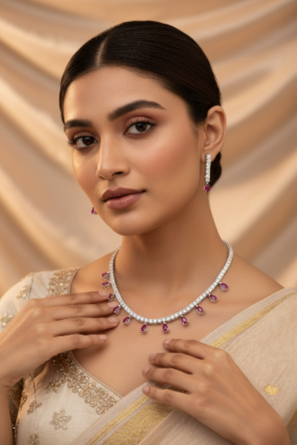 925 Starling Silver Italian Design Necklace Set with Zircon White & Red Stones | Adjustable Size | Model – srj_amb_1570-4