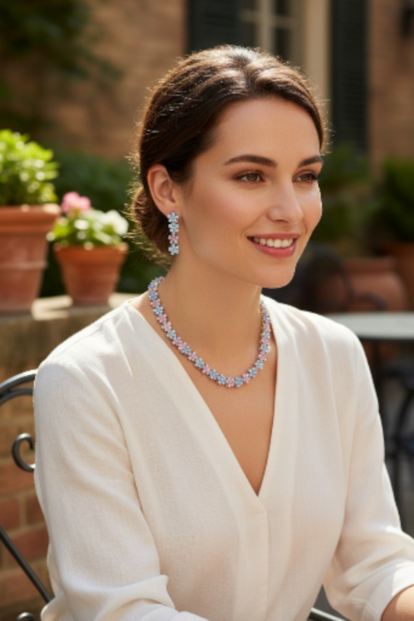 925 Starling Silver Italian Design Necklace Set with AD multi colourStones | Adjustable Size | Model – srj_amb_1570-3