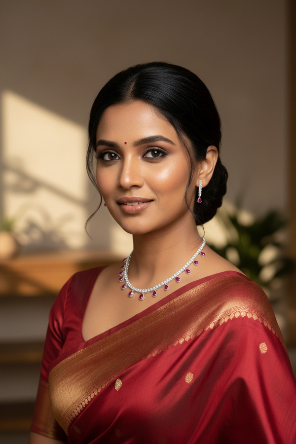 925 Starling Silver Italian Design Necklace Set with Zircon White & Red Stones | Adjustable Size | Model – srj_amb_1570-4