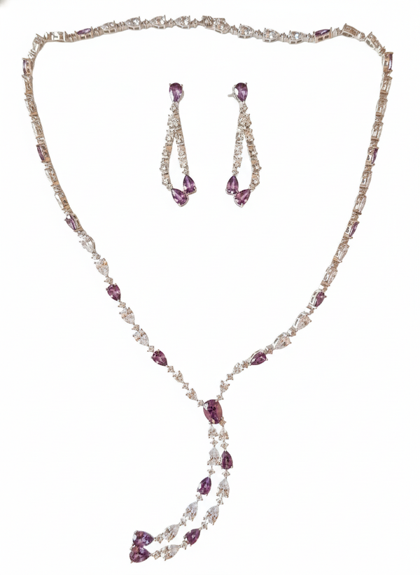 925 Starling Silver Italian Design Necklace Set with Zircon White & Purple Stones | Adjustable Size | Model – srj_amb_1570-6
