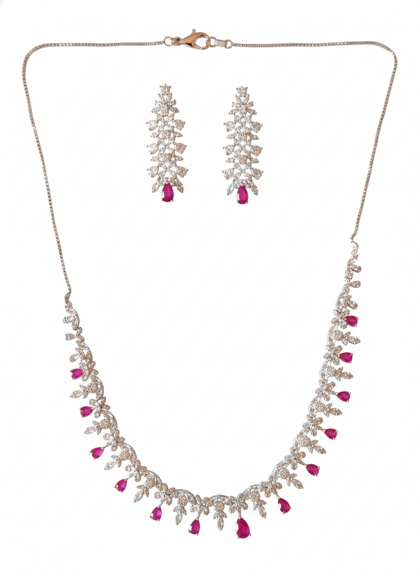 925 Starling Silver Italian Design Necklace Set with Zircon White & Red Stones | Adjustable Size | Model – srj_amb_1570-5