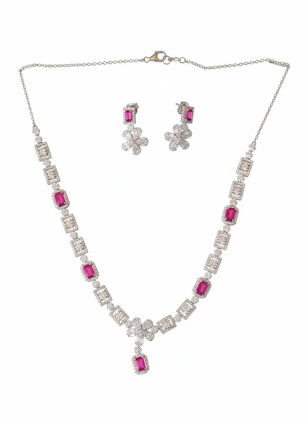 925 Pure Silver Italian Design Necklace Set with Zircons Stones | Adjustable Size | Model – srj_amb_1570-2